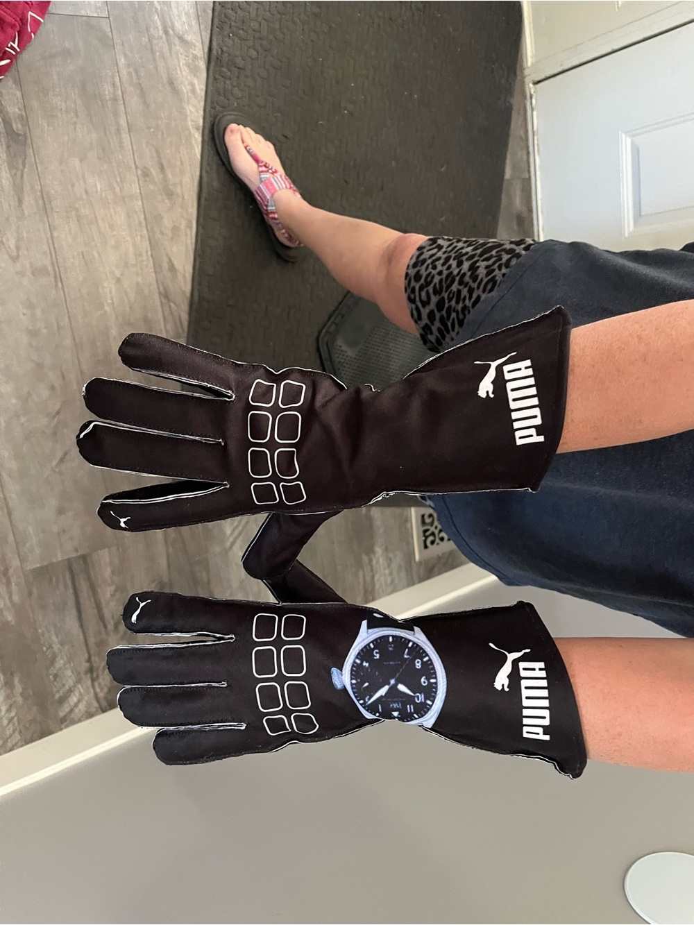 Puma Black Driving Gloves with White Logo and Watch Print